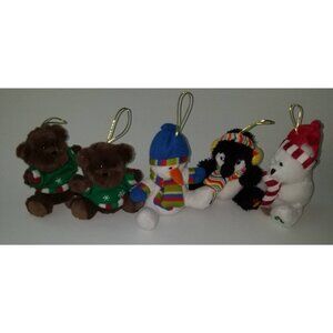 5 Hugfun Plush Christmas Ornaments Lot Brown White Teddy Bears Snowman Penguin